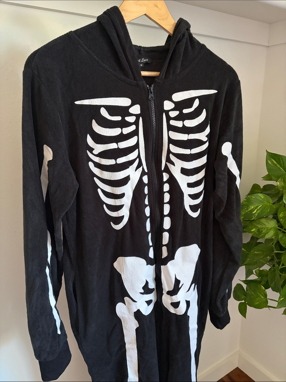 Women’s Skeleton Costume | Black Zip-Up Fleece Hooded Jumpsuit | M